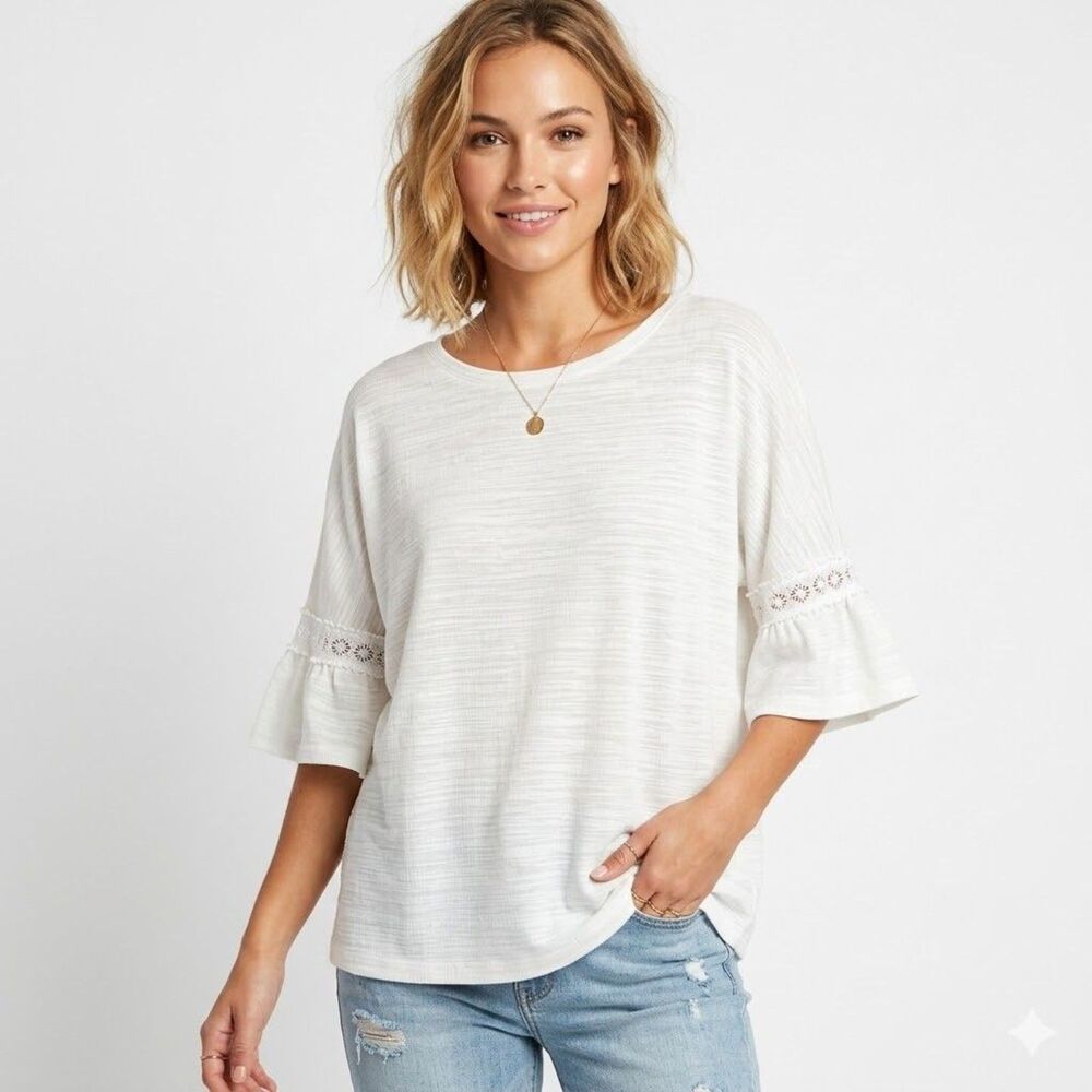 Ruby Rd. White Breezy Boho Bell-Sleeve Blouse Crochet Detail SZ XL
